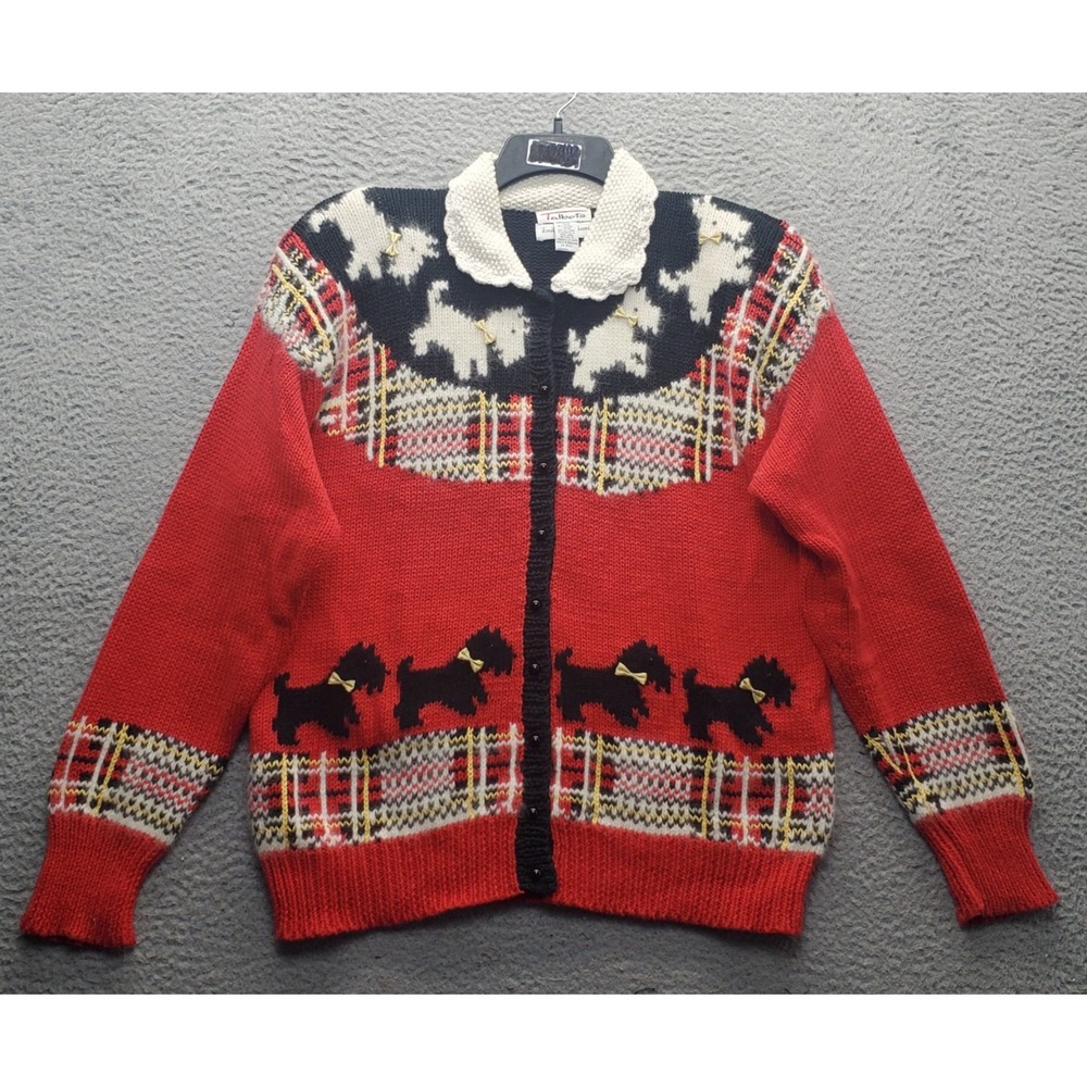 Talbots Scottie Dog Cardigan Sweater Womens M Multi Ramie Shoulder Pads Vintage
